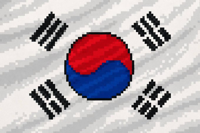 The pixel-art image depicts the South Korean flag (Taegukgi), with its iconic red-and-blue Taegeuk circle and four black trigrams against a white background, symbolizing the country's official push toward institutional crypto adoption, tokenized securities, and bank deposit tokens for AI payments.