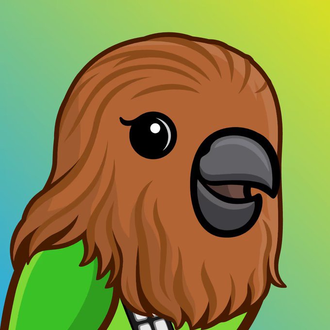 A cartoon illustration of a brown bird with shaggy feathers and a large black beak against a green-to-yellow gradient background.