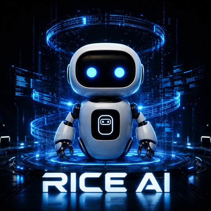 A digital rendering of a white robot with glowing blue eyes sits in a high-tech circular chamber with the text 'RICE AI' displayed below.