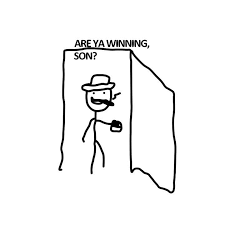 A stick figure with a cowboy hat peeks around a wall asking "ARE YA WINNING, SON?" — a meme used to humorously capture the poster's frustration after holding $MON and NFTs for 256 days with only $600 in gains and still sitting in deep negative PnL.