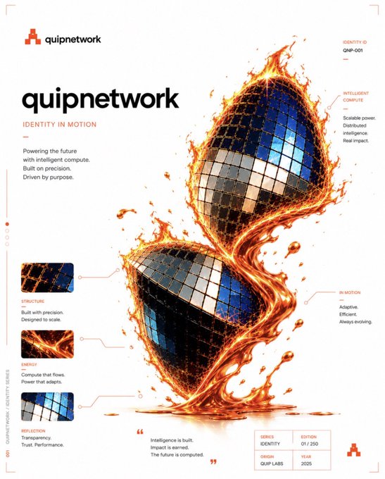 A promotional graphic for "quipnetwork" featuring a disco-ball-like geometric shape engulfed in flames, with labels including "IDENTITY IN MOTION," "STRUCTURE," "ENERGY," and "REFLECTION," and edition details "01/250."