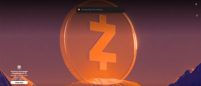 A crypto webpage displays a large glowing orange Zcash-style coin emblem, a top notification reading “Ask anything, find anything.”, and a lower-left badge saying “The Brave Technologist” with a “Learn how” button.