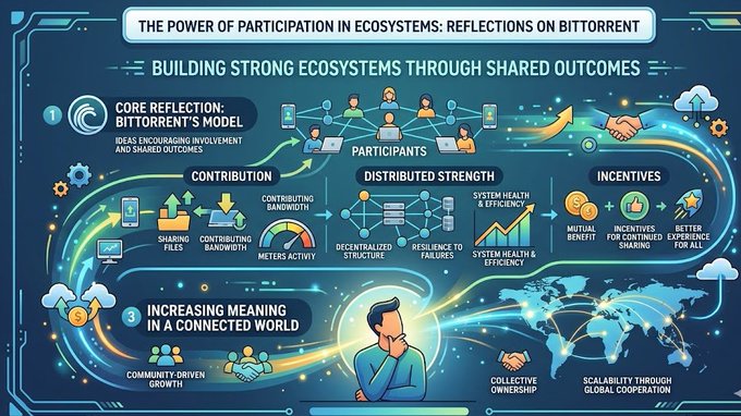 A graphic description of a chart showing various ecosystem components, including people interacting with each other. The chart is titled "The Power of Participation" and includes descriptions for each element, such as "Core reflection" and "Reflections on bittorrent". The image suggests that BitTorrent's core values align with those of ecosystems built around participation, emphasizing the importance of collaboration and shared outcomes in various aspects of life.