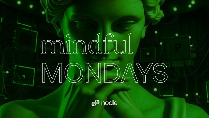 A graphic featuring a green-tinted classical statue face with the text 'mindful MONDAYS' and a small 'nodle' logo at the bottom.