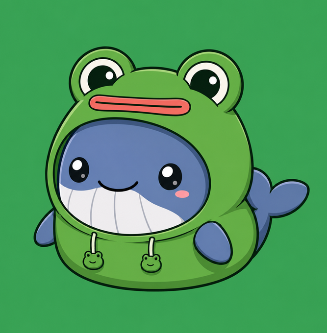 A cartoon illustration of a cute blue whale wearing a green frog hoodie with frog face details on the drawstrings, set against a green background.