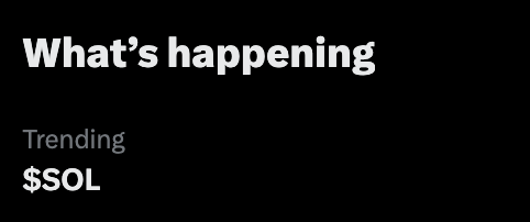 The image displays a dark-themed social media header reading "What's happening" with a "Trending" label and the ticker **$SOL** featured below. It appears to be a trending topic indicator highlighting Solana ($SOL) as a popular discussion point, tying directly to the post's inquiry about Solana's current activity.