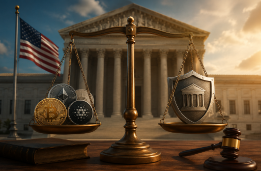 A 3D rendered image depicting a golden balance scale in a courtroom setting, with cryptocurrency coins including Bitcoin and Ethereum on one side and a shield representing traditional legal institutions on the other, with an American flag in the background.