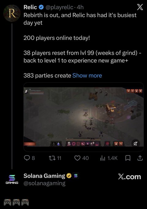 A tweet from @playrelic announcing 'Rebirth is out' with 200 players online, including a gameplay screenshot of an isometric action RPG.