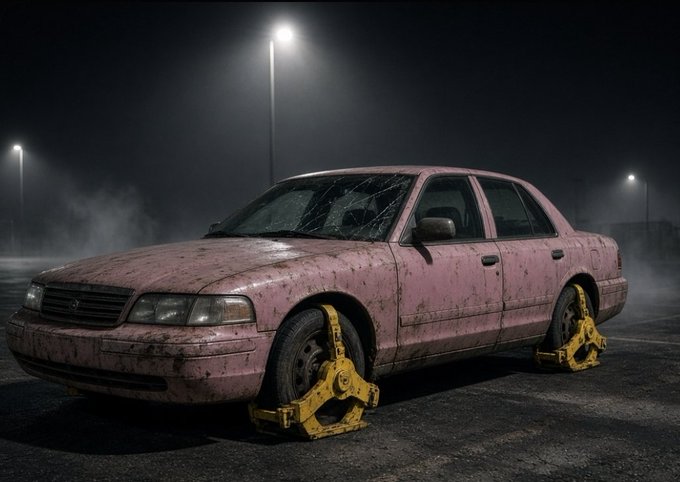 An abandoned, pink sedan with a cracked windshield sits on a deserted road at night, its wheels replaced with large yellow industrial gears.
