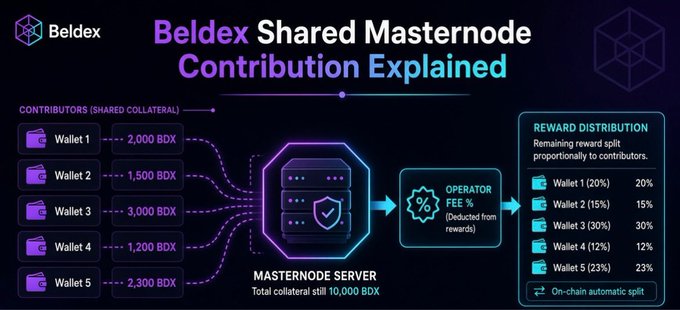 A Beldex infographic titled "Beldex Shared Masternode Contribution Explained" showing five wallets (Wallet 1–5) contributing varying amounts of BDX (2,000 / 1,500 / 3,000 / 1,200 / 2,300) that combine to reach the 10,000 BDX masternode collateral, with the operator deducting a fee before distributing remaining rewards proportionally to each contributor's share (20%, 15%, 30%, 12%, 23%) via on-chain automatic split.