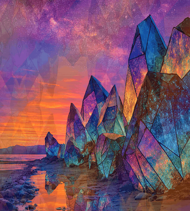 A vibrant digital artwork featuring geometric crystal formations rising from a reflective shoreline, illuminated by a stunning sunset that transitions from fiery orange to a starry purple sky, captured as the NFT "Electric Dawn" by @cyberocelot29 on objkt.com.