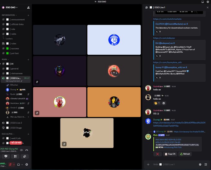 A Discord interface titled 'EGO DAO' showing a voice channel with multiple user avatars and a chat panel on the right displaying messages including a CLUTCH token link and various social media posts.
