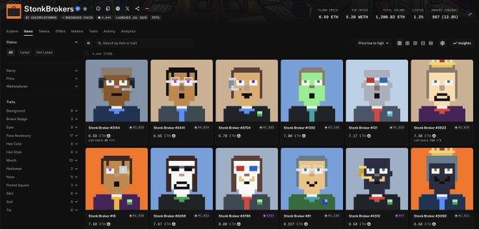 A screenshot of StonkBrokers marketplace displaying various pixel art NFT avatars called 'Stonk Broker' with prices listed in ETH, including characters with different skin tones, hairstyles, and accessories.