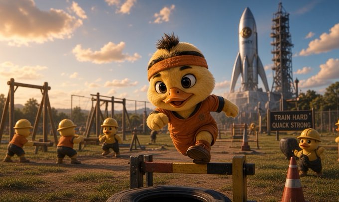 A determined cartoon duckling wearing an orange headband leaps over a hurdle during a rigorous boot camp-style training session, with other ducklings exercising in the background and a rocket ship ready for launch behind them—visually echoing the post's message about $DINKY ("duckling dinky") having more room to "run" and the team still "cooking" (training/launching).