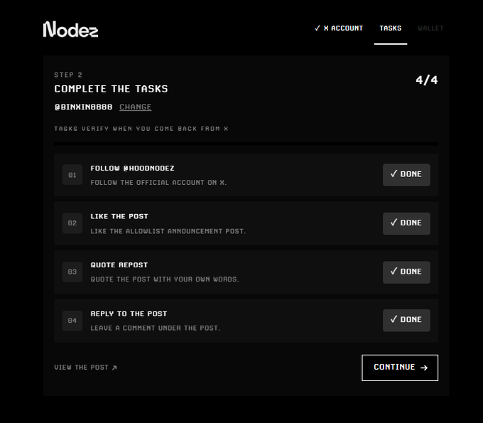 A screenshot of the 'Nodez' platform 'Tasks' page showing 4/4 completed tasks including following @nooodnodez, liking, quote reposting, and replying to a post.