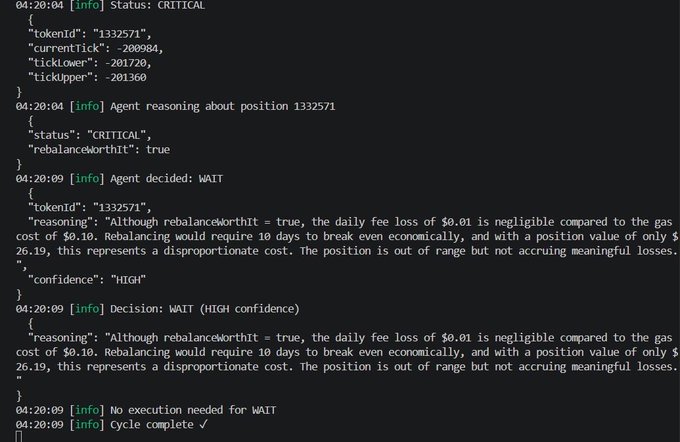 A terminal log output showing an AI agent's decision-making process, including status checks, reasoning about a 'CRITICAL' token (tokenId: 1332571), and a 'WAIT (HIGH CONFIDENCE)' decision citing negligible daily fees versus gas costs.