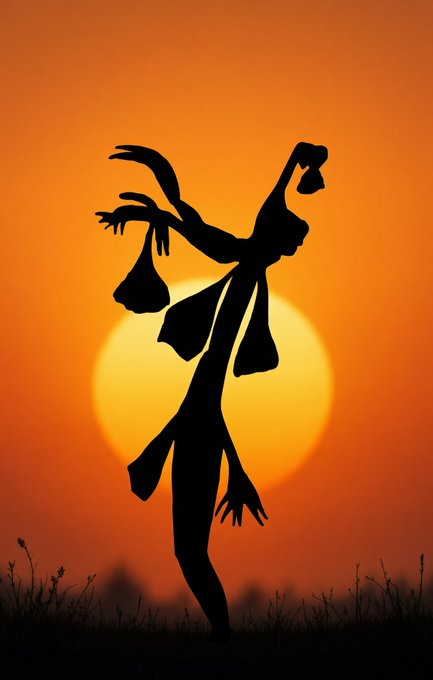 Artistic silhouette of a stylized figure with elongated limbs against a vibrant orange sunset, with the sun positioned behind the figure creating a dramatic backlit effect.