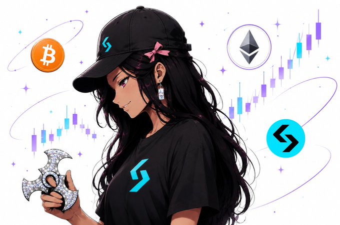 Anime-style artwork of a girl in a black cap and shirt holding a jeweled shuriken, surrounded by crypto logos for Bitcoin and Ethereum with a bullish candlestick chart.