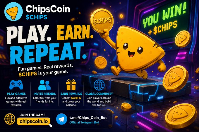 A promotional banner for ChipsCoin ($CHIPS) featuring a cartoon chip mascot, with the text 'PLAY. EARN. REPEAT.' and 'YOU WIN! +$CHIPS'.