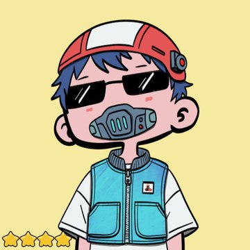 A cartoon illustration of a blue-haired character wearing a red cap, sunglasses, and a blue vest.