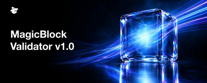 A tech-themed promotional image with a glowing blue crystal cube and light streaks, labeled 'MagicBlock Validator v1.0'.