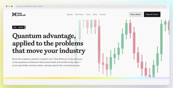 Quip Network website screenshot with the headline 'Quantum advantage, applied to the problems that move your industry' alongside a green and pink candlestick chart.