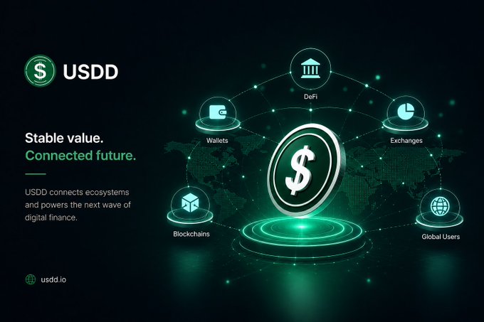A promotional graphic for USDD cryptocurrency with the tagline "Stable value. Connected future." and an ecosystem diagram showing connections between DeFi, Wallets, Exchanges, Blockchains, and Global Users.