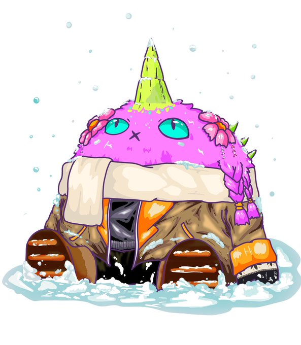 A colorful cartoon illustration of a whimsical creature resembling a hut with a purple furry top, green spikes, pink flowers, large teal eyes, and an orange-carpeted doorway, sitting in a puddle of water with bubbles around it.