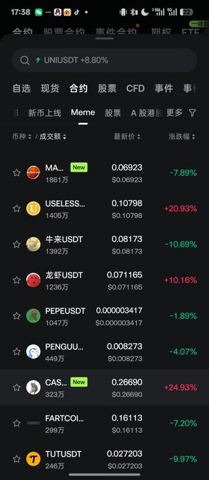 A mobile phone screenshot of a cryptocurrency trading app showing a list of 'Meme' coin trading pairs (such as UNIUSDT, USELESS, PEPUSDT) with their prices and percentage changes.