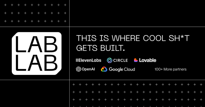 A black promotional graphic for "LAB LAB" declares "THIS IS WHERE COOL SH*T GETS BUILT," highlighting partnerships with ElevenLabs, Circle, Lovable, OpenAI, Google Cloud, and 100+ more partners. The image serves as branding context for a post announcing Alpaca's Trading Agents Hackathon, where participants build autonomous options trading agents in 7 days to compete for a $6,300 prize pool using Alpaca's Trading API.