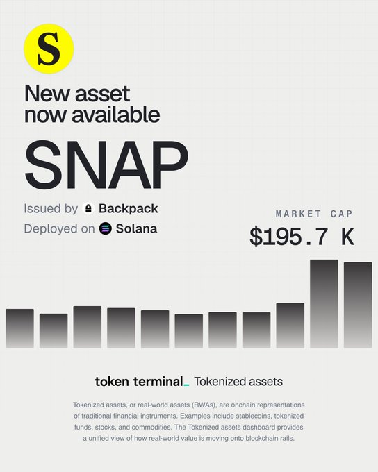 A Token Terminal promotional graphic announces 'SNAP' as a 'New asset now available,' issued by Backpack and deployed on Solana, with a market cap of $195.7 K.