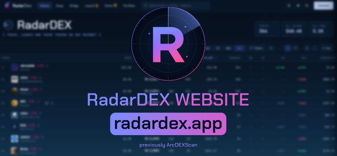 The image displays the RadarDEX logo (a stylized "R" in a radar-style circular design) alongside the text "RadarDEX WEBSITE radardex.app" and a note stating "previously ArcDEXScan." It visually reinforces the accompanying announcement about the transition from the temporarily unavailable radardex.io domain to the new radardex.app website.