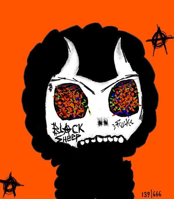 Illustration of a white horned mask with scribbled, multicolored eye sockets and graffiti-style text reading "BLACK SHEEP" and "FVCK," numbered 139|666 on an orange background.