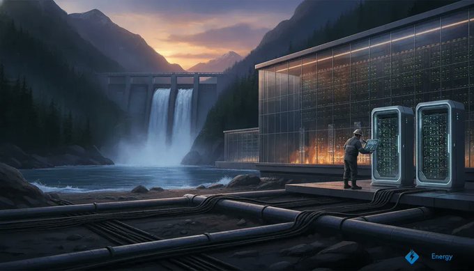 A digital artwork depicts a worker at a hydroelectric dam at sunset, with a massive waterfall and glowing server racks visible alongside the flowing water.
