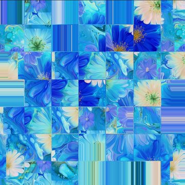 The image features an array of blue flowers, possibly daisies or other types of blossoms, arranged in a grid-like pattern with varying shades of blue. The flowers are scattered throughout the image, creating a visually appealing and vibrant display. The colors used for these floral arrangements range from light to dark hues, adding depth and dimension to the overall composition.