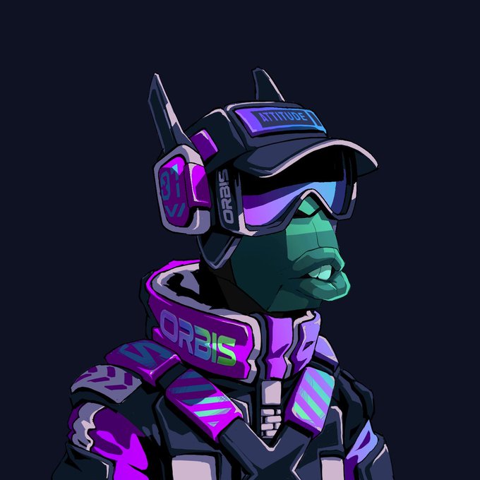 A stylized digital portrait of a futuristic character with green skin wearing a purple and black helmet and jacket, featuring the text "ATTITUDE" on the visor, "ORBIS" on the neck collar, and "01" on the side of the helmet—representing the NFT artwork being created through a unique collaboration between the Orbis NFT marketplace and a featured collection.