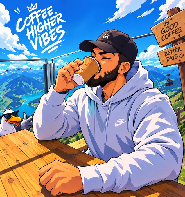 An anime-style illustration shows a bearded man in a Nike hoodie and CK cap drinking from a paper cup, with text 'COFFEE HIGHER VIBES' and wooden signs reading 'GOOD COFFEE' and 'BETTER DAYS' against a mountainous backdrop.