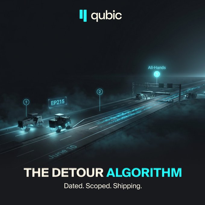 The image shows a highway with two trucks driving down it, one of which has a "detour" sign on its back indicating that there might be detours ahead due to construction or other roadwork. The text in the image reads "The Detour Algorithm", and it appears to be a promotional post for Qubic's new algorithm. The image also includes a date, "June 10th", which suggests that this is an upcoming event related to the algorithm.