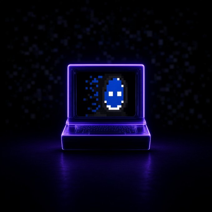 A retro pixel-art laptop with glowing purple neon edges displays a blue 8-bit ghost-like character dispersing into pixels on its screen. The image visually echoes the post's quirky theme of attempting to access "zilkroad" (a play on Silk Road) with a "poly snark," using a glitchy, vintage-tech aesthetic to suggest a nostalgic, cyberpunk-style digital misadventure.