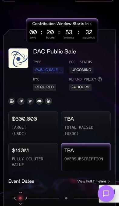A mobile screenshot of a DAC Public Sale page showing a countdown timer of 00 days, 20 hours, 53 minutes, 32 seconds, with details including a $600,000 target (USDC), $140M fully diluted value, KYC required, and upcoming pool status.