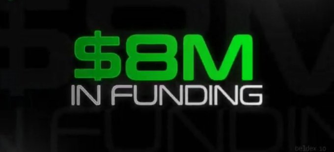 A graphic displaying '$8M IN FUNDING' in bright green and white text on a dark background, with a 'beldex 10' logo in the corner.