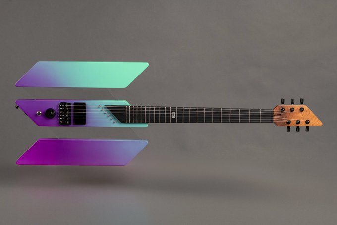 A futuristic, exploded-view electric guitar with iridescent purple-to-green gradient body panels floats against a gray background, its disassembled components highlighting its sleek, artistic design—presented as collectible "playable art" on Solana.