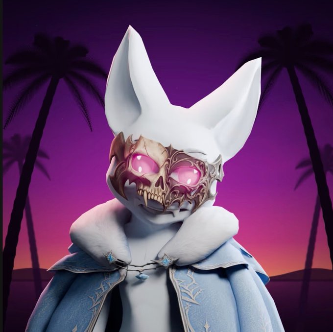 A 3D-rendered white anthropomorphic character with pointed ears wearing an ornate half-skull mask with glowing pink eyes and a blue cloak, set against a purple sunset with palm trees.
