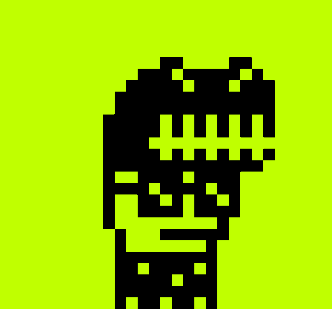 A pixel art image of a black stylized skeletal or robotic character design rendered against a bright neon green background.