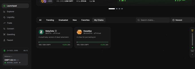 The image shows the CNPY Network launchpad dashboard displaying two testnet chains created by the user: "Baby2vix" (described as a baby version of dead 2xichchain) and "Kassify" (a chain for just testing lol), with Kassify showing 155/50K CNPY market cap (+0.0% 24h) and 12 holders, matching the post's mention of the second chain performing better.