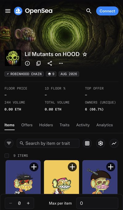 The image shows an OpenSea NFT collection page for "Lil Mutants on HOOD" on the Robinhood Chain, featuring 9 items with 6 unique owners, eerie zombie-like ape characters beneath a glowing green portal. The caption connects to the post by highlighting the "portal" theme, with the green vortex in the background visually representing the jump portal mentioned in the message inviting holders to start mining.