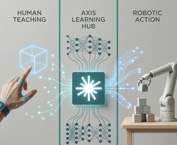 An infographic depicting 'AXIS LEARNING HUB' connecting 'HUMAN TEACHING' (a hand touching a holographic cube) to 'ROBOTIC ACTION' (a robotic arm stacking blocks), illustrating AI/robotics concepts.