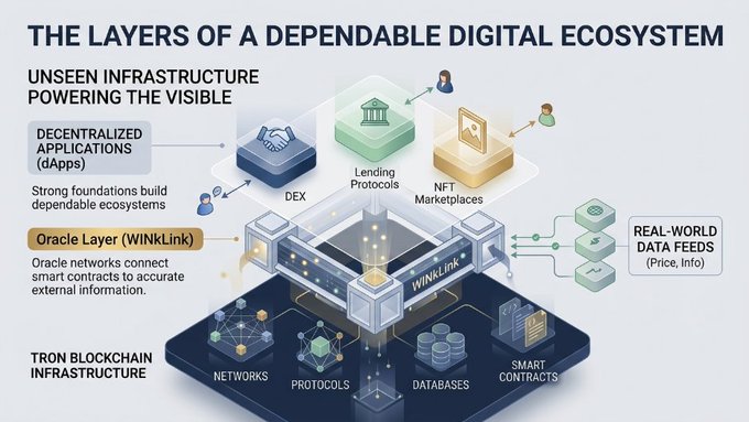An infographic titled 'THE LAYERS OF A DEPENDABLE DIGITAL ECOSYSTEM' detailing blockchain infrastructure, including Decentralized Applications (dApps), Oracle Layer (WINkLink), Real-World Data Feeds, and Tron Blockchain Infrastructure components like DEX, Lending Protocols, and NFT Marketplaces.