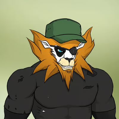 A digital illustration of a muscular anthropomorphic feline character with orange fur, wearing a green cap, an eyepatch, and a torn dark shirt against a pale green background.