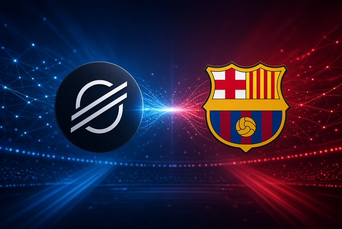 A promotional graphic displays the Stellar (XLM) cryptocurrency logo on the left and the FC Barcelona crest on the right, separated by a bright light burst.